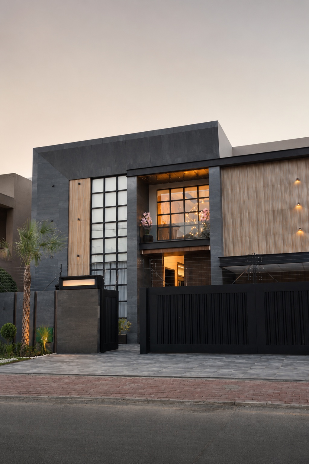 Contemporary residence with a geometric dark stone facade
